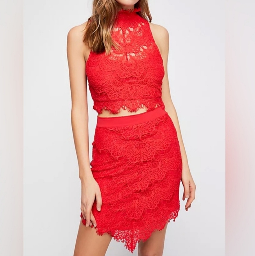 Free People Sabina Ginger Set Crop Top Mini Skirt Lace Red Sizes Sm & Md NWT - Picture 1 of 16